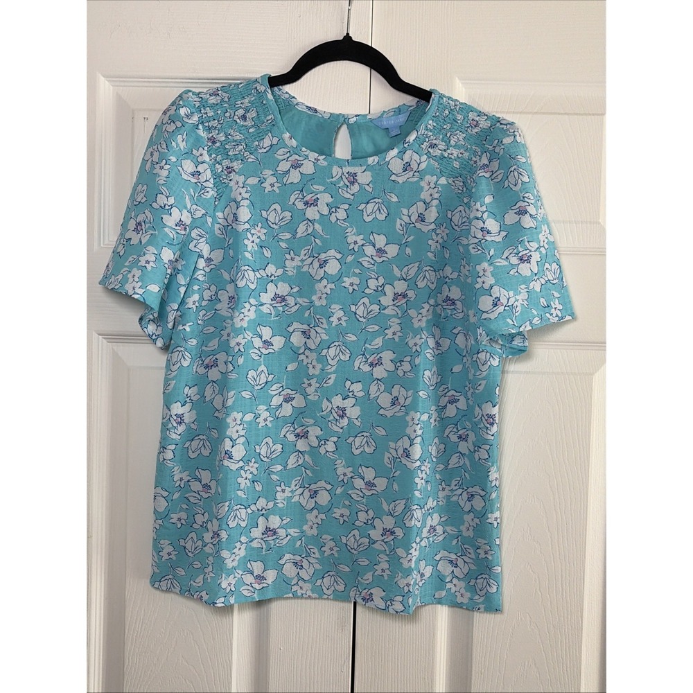 Draper James Smocked Floral Blouse Womens Size S Blue White Top NEW Garden Corp